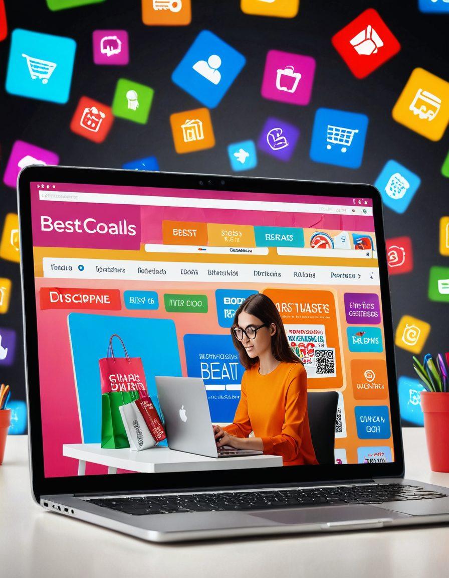 A savvy shopper browsing an online store on a laptop, with vibrant icons of discounts, shopping carts, and digital coupons floating around. The scene captures a sense of excitement and discovery, showcasing a colorful array of products and a glowing 'Best Deal' banner. Add elements like shopping bags and a smartphone displaying deal alerts. super-realistic. vibrant colors. digital collage.